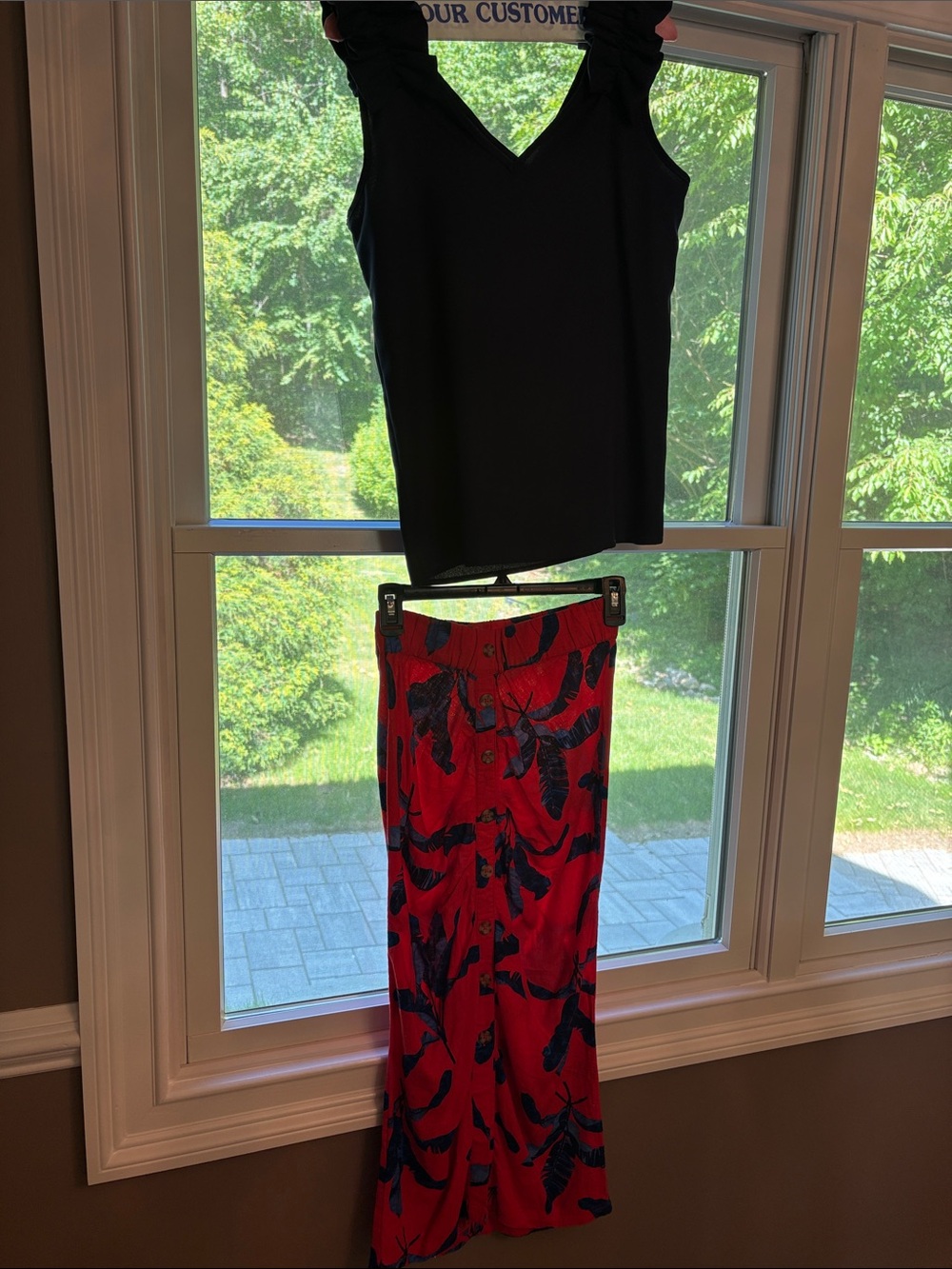 Colleen Lopez Red Maxi Skirt with Navy Leaf Print and navy blue top